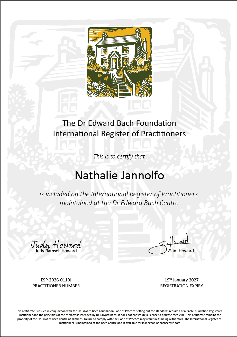 Diplôme Praticienne agréée Fleurs de Bach BFRP — Nathalie Jannolfo