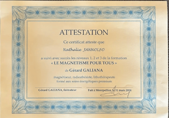 Diplôme Magnétisme Niveaux 1 2 3 — Nathalie Jannolfo