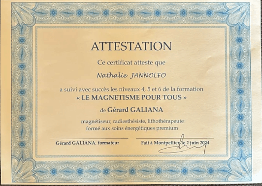 Diplôme Magnétisme Niveaux 4 5 6 — Nathalie Jannolfo
