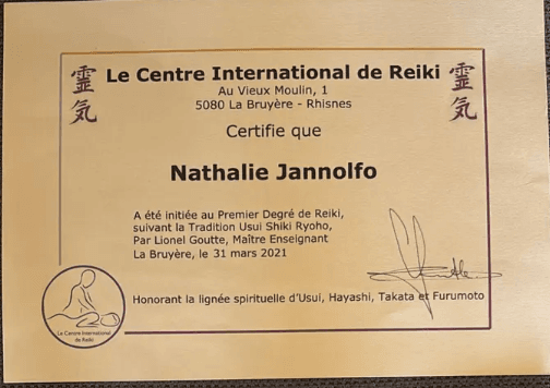 Diplôme Reiki Niveau 1 — Nathalie Jannolfo