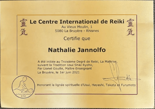 Diplôme Reiki Niveau 3 Maître Praticienne — Nathalie Jannolfo